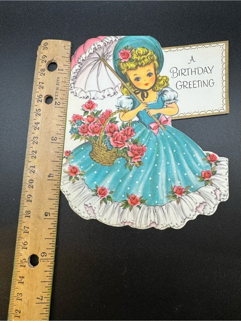 #2151 Vintage 40s “A Birthday Greeting” 3-Southern Belles Parasol Greeting Card